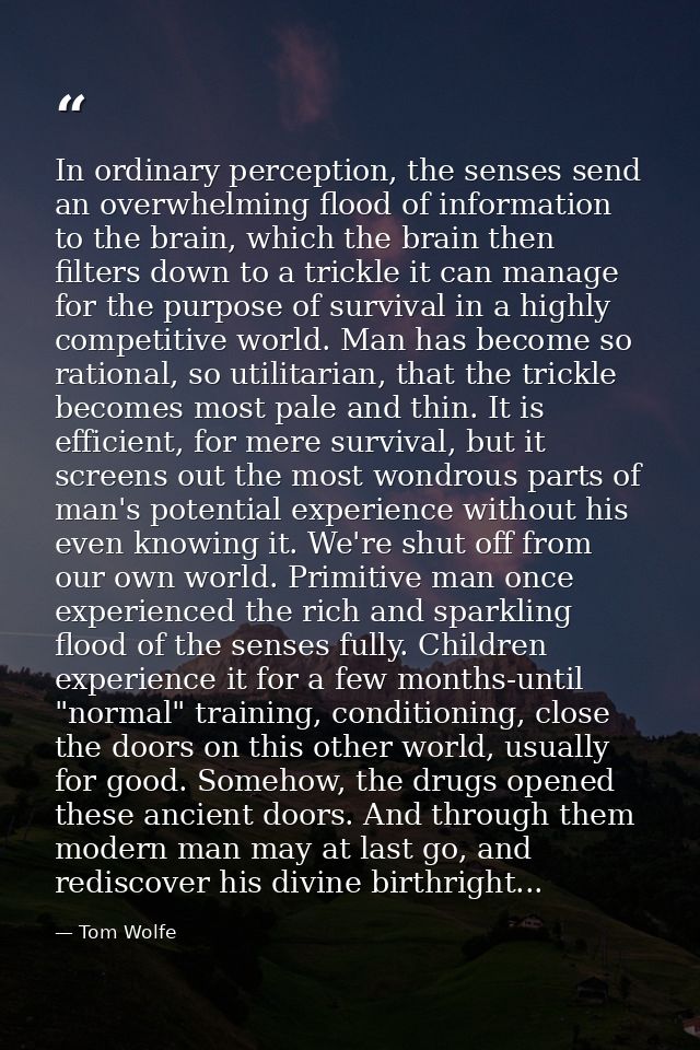 In ordinary perception, the senses send an overwhelming flood of information to the brain, which the brain then filters  — Tom Wolfe