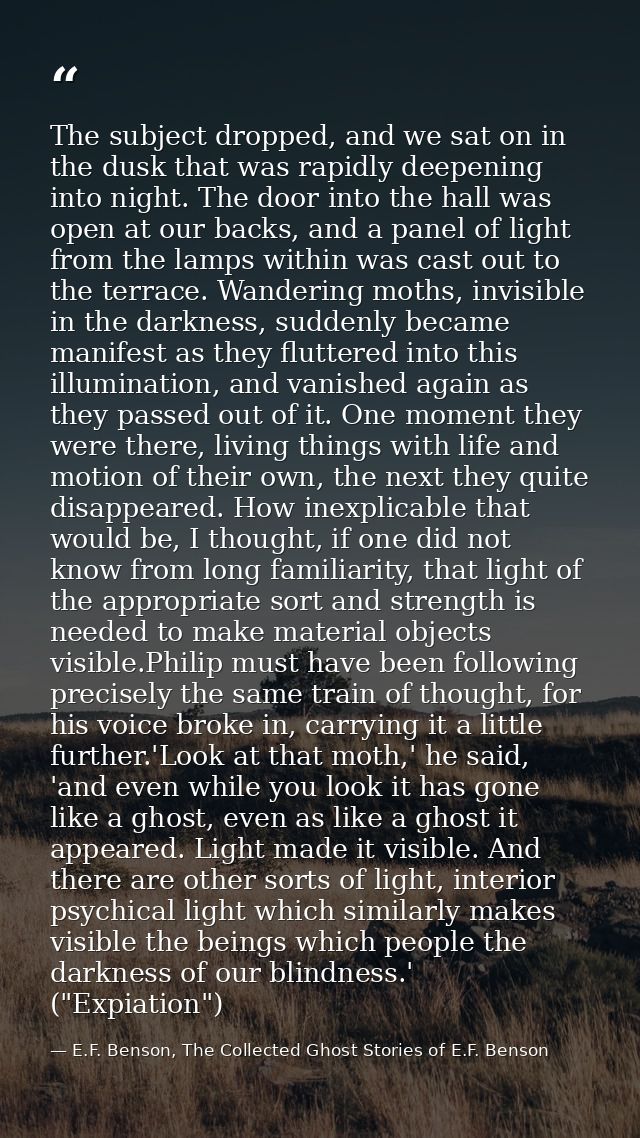 The subject dropped, and we sat on in the dusk that was rapidly deepening into night. The door into the hall was open at — E.F. Benson, The Collected Ghost Stories of E.F. Benson