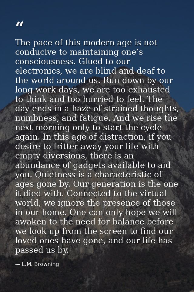The pace of this modern age is not conducive to maintaining one’s consciousness. Glued to our electronics, we are blind  — L.M. Browning