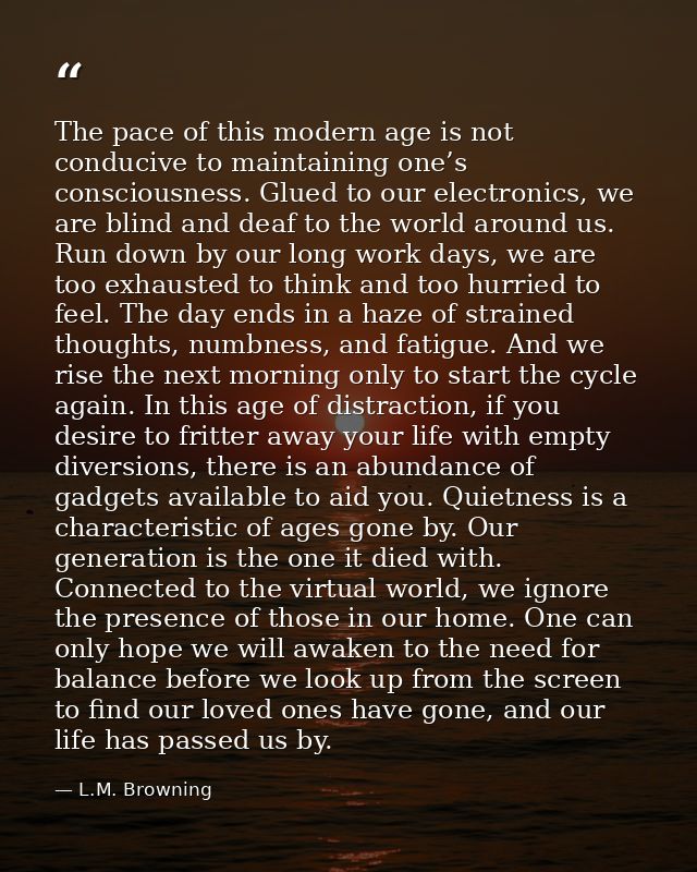 The pace of this modern age is not conducive to maintaining one’s consciousness. Glued to our electronics, we are blind  — L.M. Browning