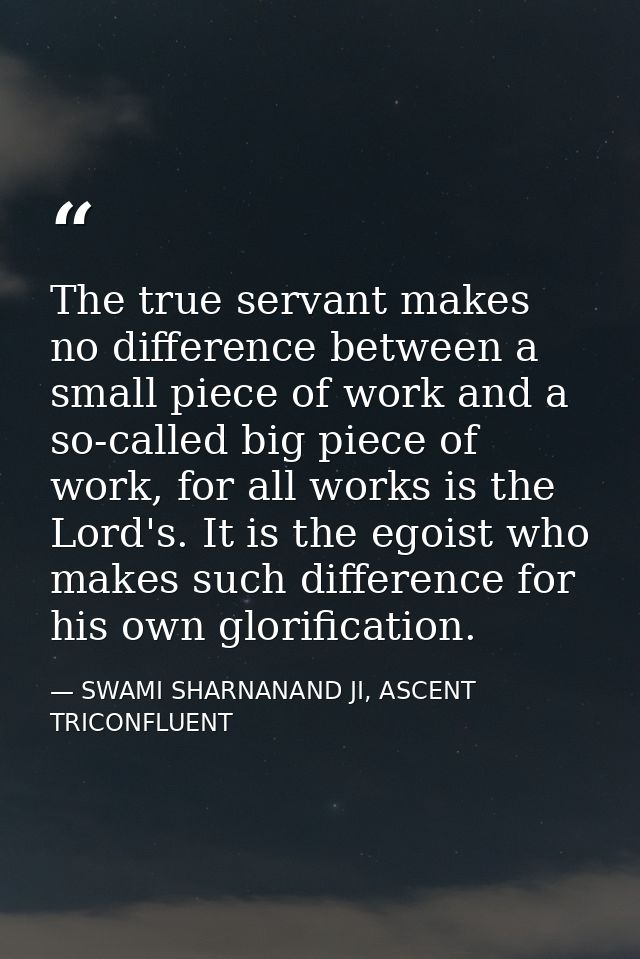 The true servant makes no difference between a small piece of work and a so-called big piece of work, for all works is t — SWAMI SHARNANAND JI, ASCENT TRICONFLUENT