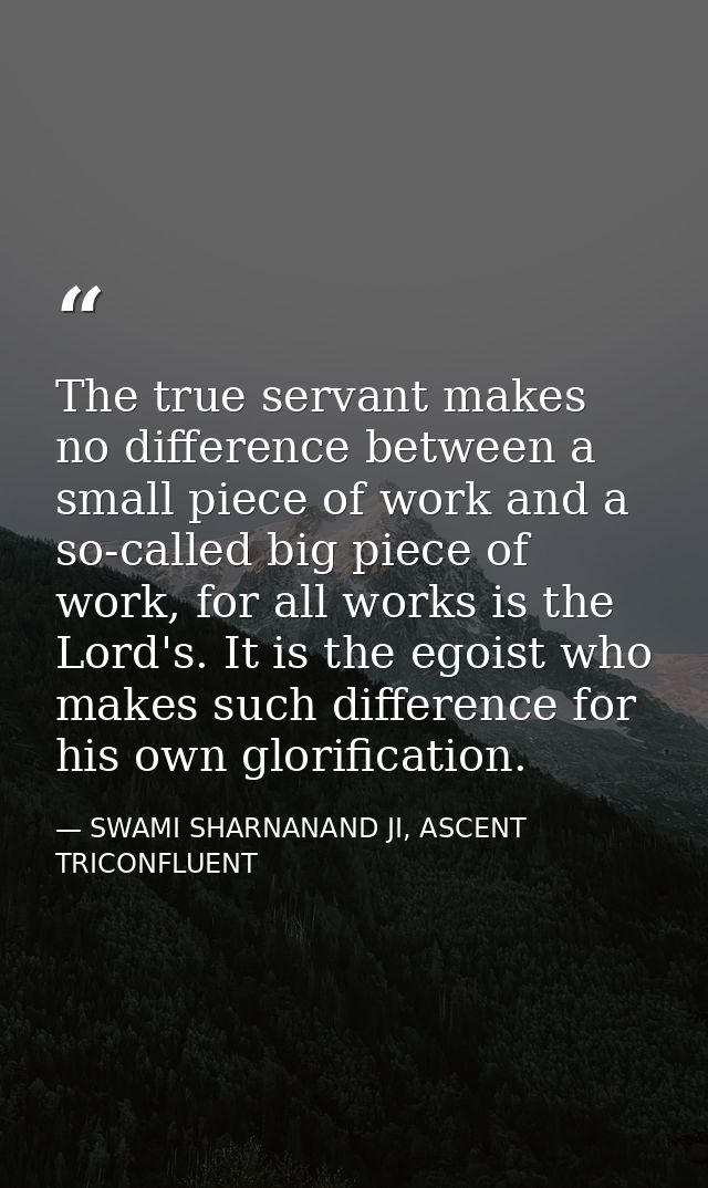 The true servant makes no difference between a small piece of work and a so-called big piece of work, for all works is t — SWAMI SHARNANAND JI, ASCENT TRICONFLUENT