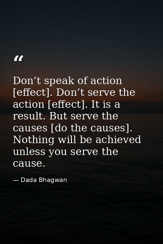 Don’t speak of action [effect]. Don’t serve the action [effect]. It is a result. But serve the causes [do the causes]. N — Dada Bhagwan