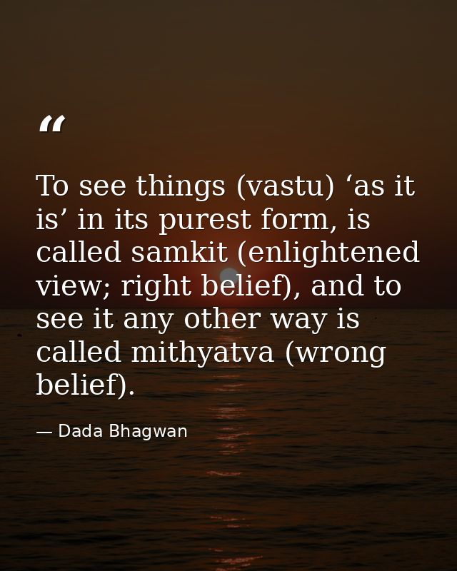 To see things (vastu) ‘as it is’ in its purest form, is called samkit (enlightened view; right belief), and to see it an — Dada Bhagwan