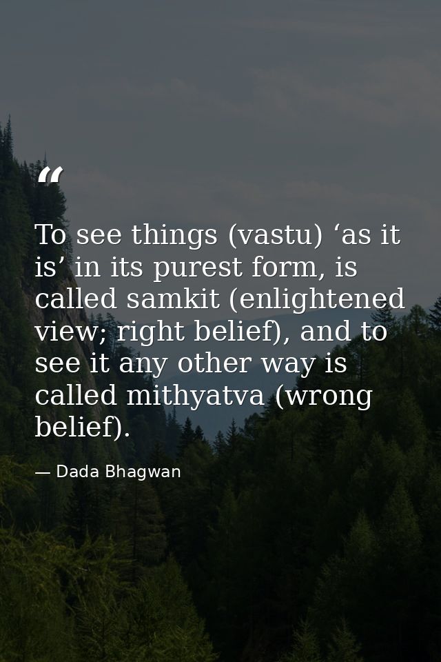 To see things (vastu) ‘as it is’ in its purest form, is called samkit (enlightened view; right belief), and to see it an — Dada Bhagwan