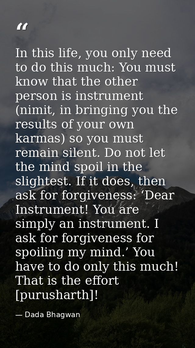 In this life, you only need to do this much: You must know that the other person is instrument (nimit, in bringing you t — Dada Bhagwan