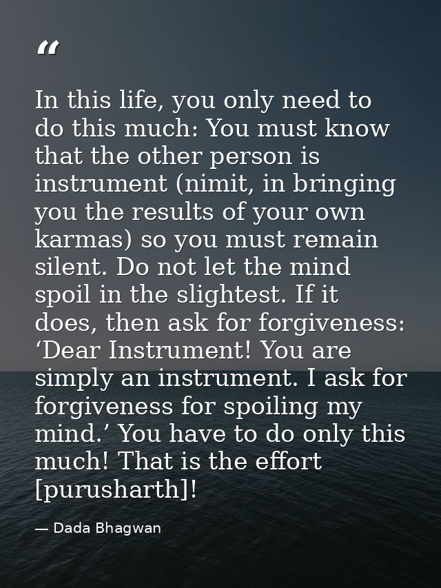 In this life, you only need to do this much: You must know that the other person is instrument (nimit, in bringing you t — Dada Bhagwan