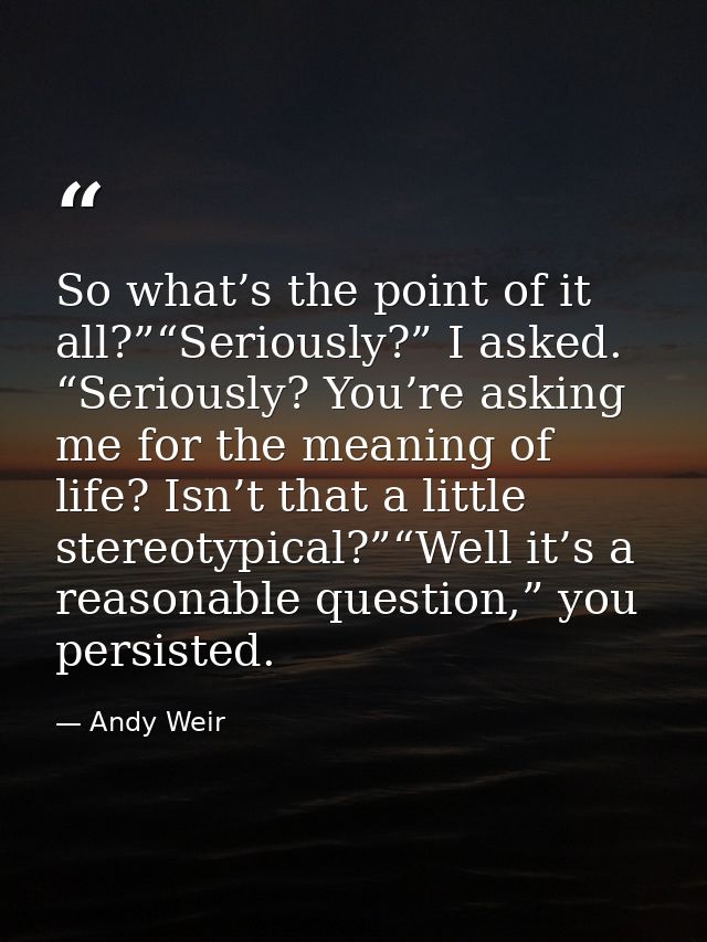 So what’s the point of it all?”“Seriously?” I asked. “Seriously? You’re asking me for the meaning of life? Isn’t that a  — Andy Weir