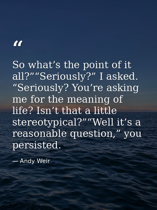 So what’s the point of it all?”“Seriously?” I asked. “Seriously? You’re asking me for the meaning of life? Isn’t that a  — Andy Weir