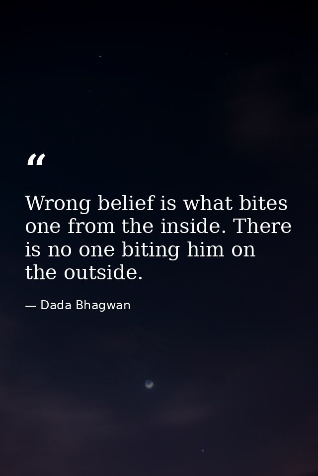 Wrong belief is what bites one from the inside. There is no one biting him on the outside. — Dada Bhagwan