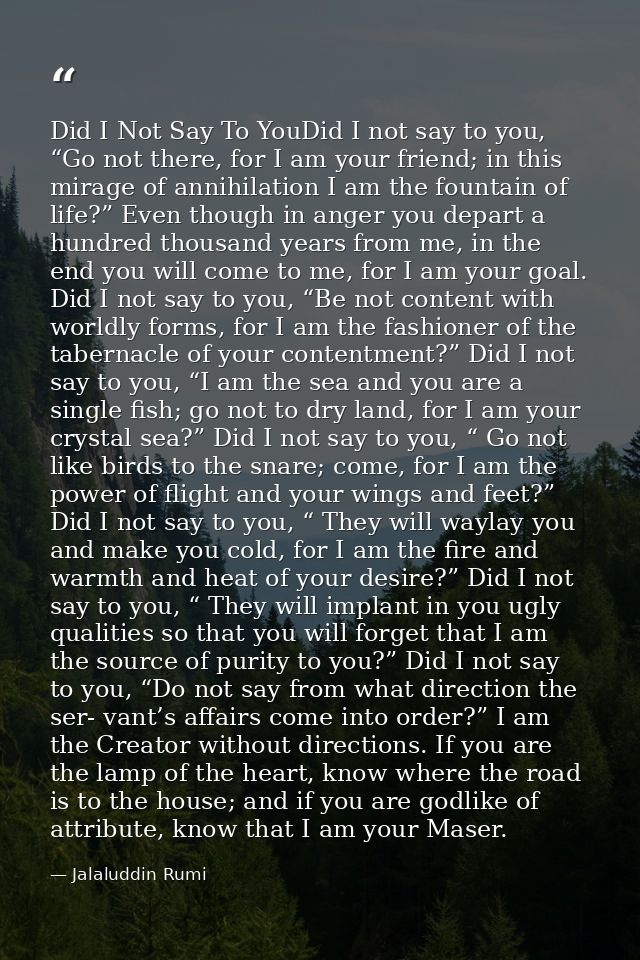 Did I Not Say To YouDid I not say to you, “Go not there, for I am your friend; in this mirage of annihilation I am the f — Jalaluddin Rumi