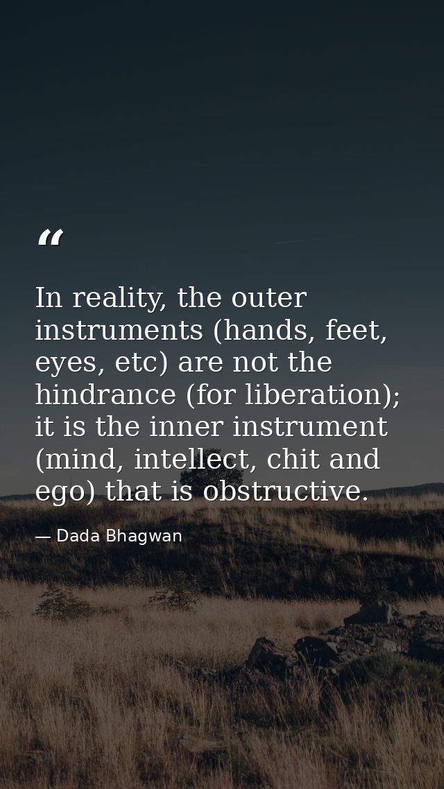 In reality, the outer instruments (hands, feet, eyes, etc) are not the hindrance (for liberation); it is the inner instr — Dada Bhagwan
