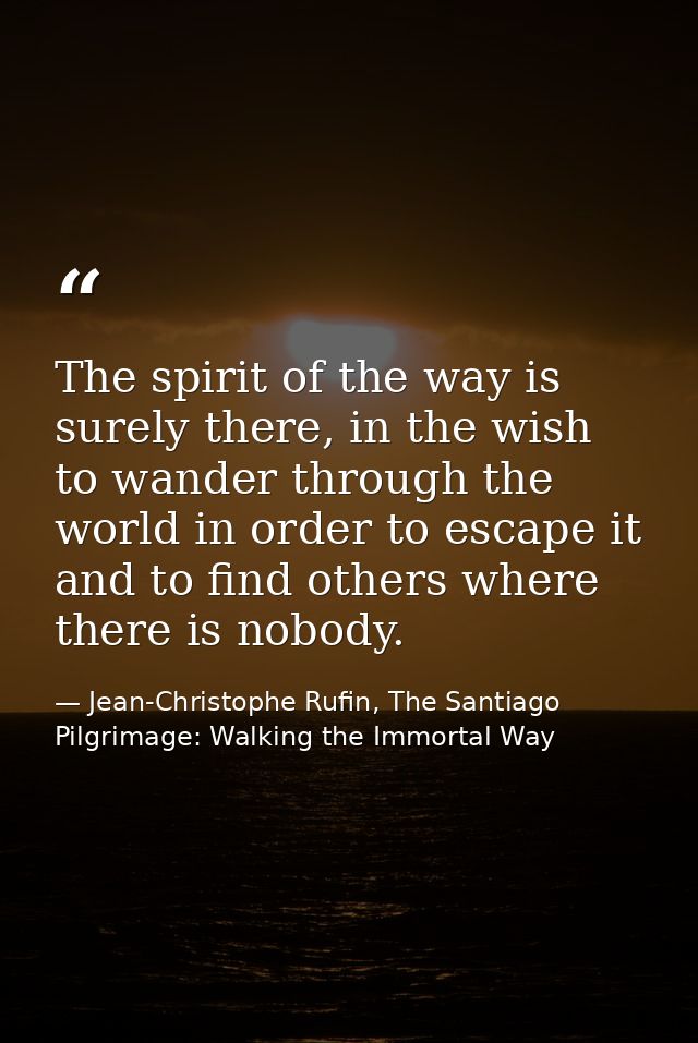 The spirit of the way is surely there, in the wish to wander through the world in order to escape it and to find others  — Jean-Christophe Rufin, The Santiago Pilgrimage: Walking the Immortal Way