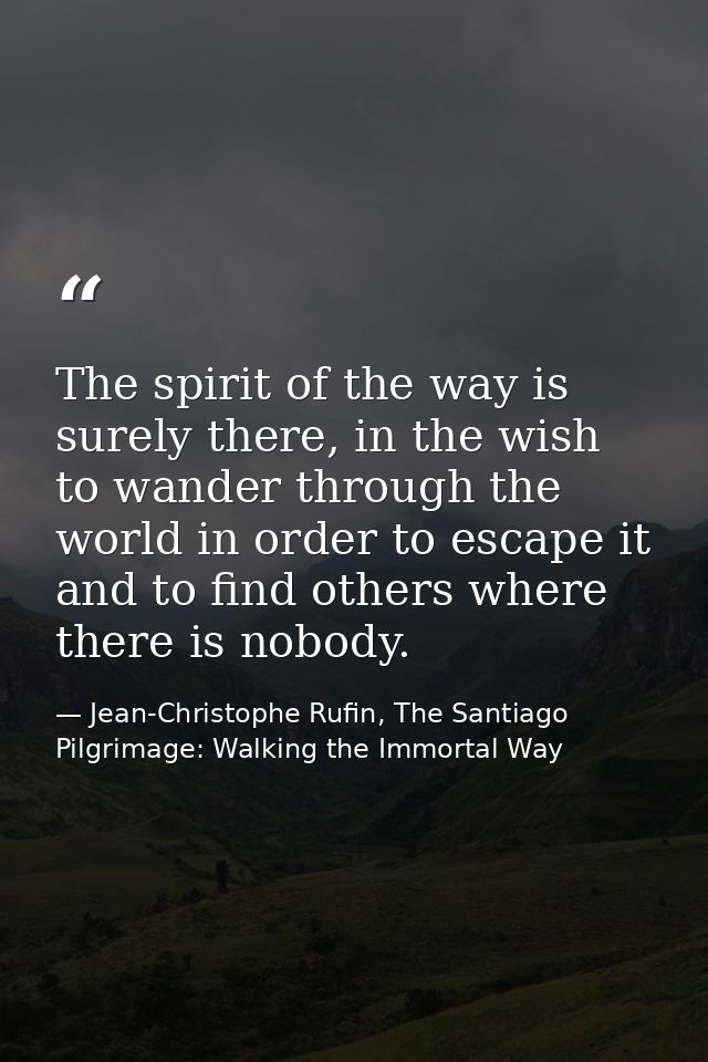 The spirit of the way is surely there, in the wish to wander through the world in order to escape it and to find others  — Jean-Christophe Rufin, The Santiago Pilgrimage: Walking the Immortal Way