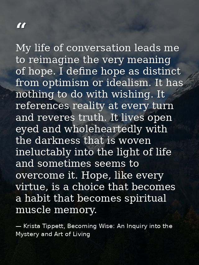 My life of conversation leads me to reimagine the very meaning of hope. I define hope as distinct from optimism or ideal — Krista Tippett, Becoming Wise: An Inquiry into the Mystery and Art of Living