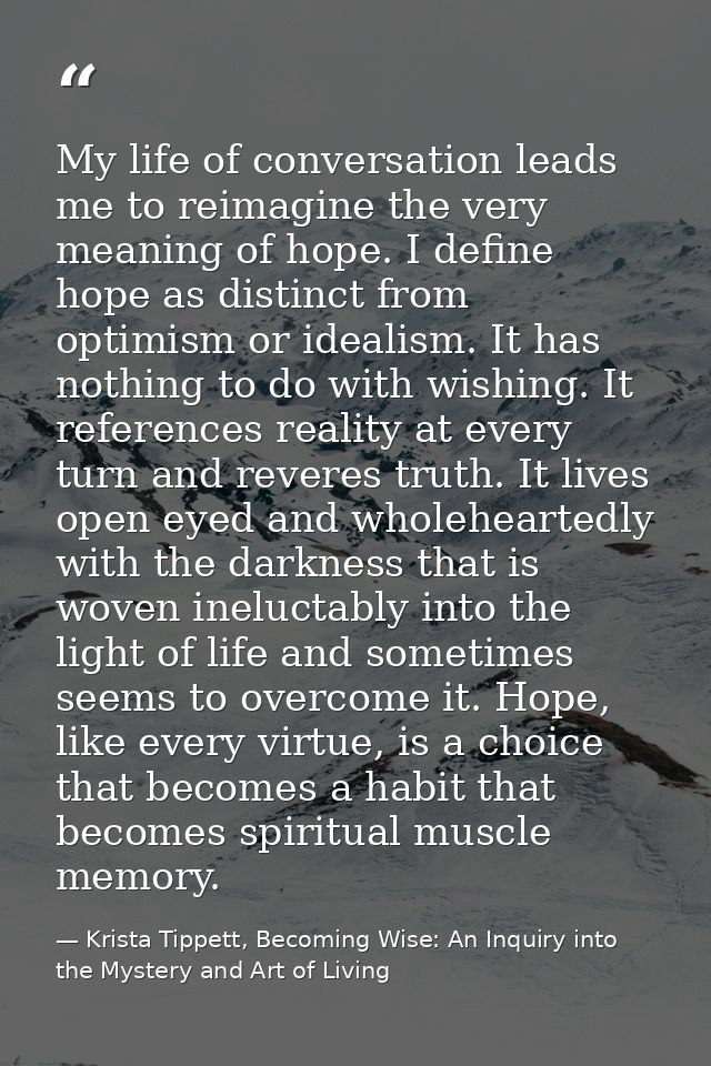 My life of conversation leads me to reimagine the very meaning of hope. I define hope as distinct from optimism or ideal — Krista Tippett, Becoming Wise: An Inquiry into the Mystery and Art of Living