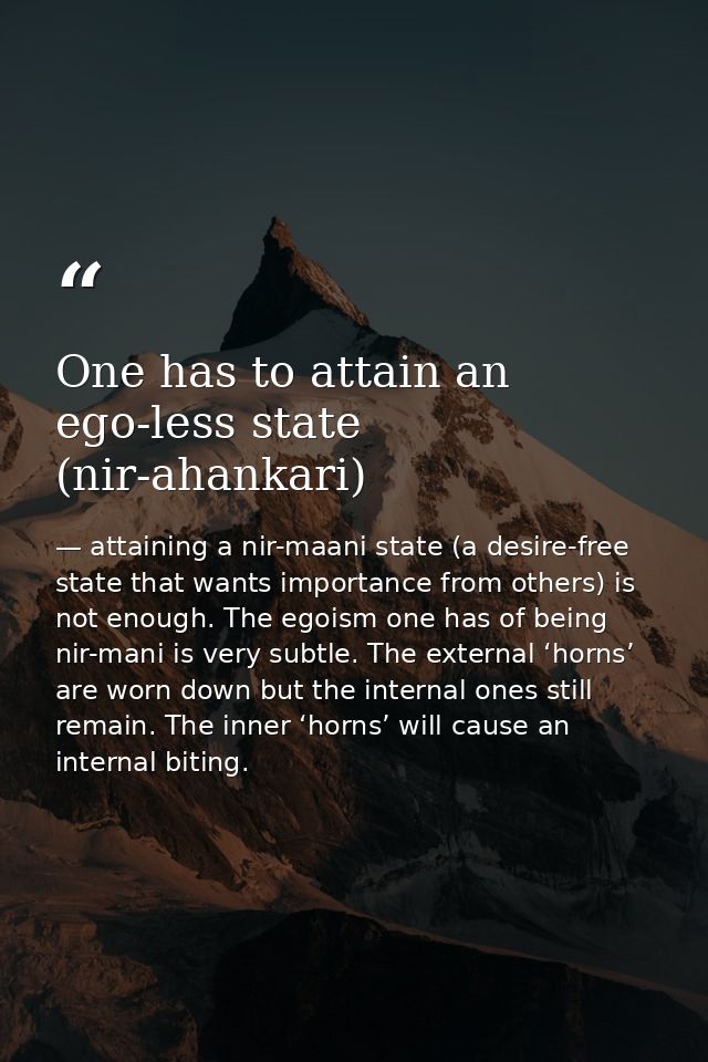 One has to attain an ego-less state (nir-ahankari) — attaining a nir-maani state (a desire-free state that wants importance from others) is not enough. The egoism one has of being nir-mani is very subtle. The external ‘horns’ are worn down but the internal ones still remain. The inner ‘horns’ will cause an internal biting.
