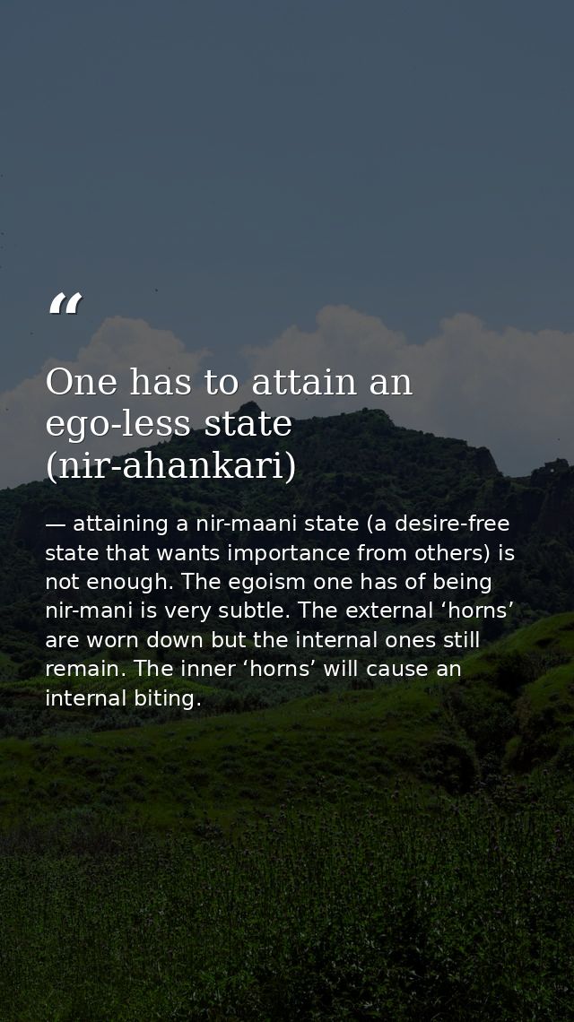 One has to attain an ego-less state (nir-ahankari) — attaining a nir-maani state (a desire-free state that wants importance from others) is not enough. The egoism one has of being nir-mani is very subtle. The external ‘horns’ are worn down but the internal ones still remain. The inner ‘horns’ will cause an internal biting.