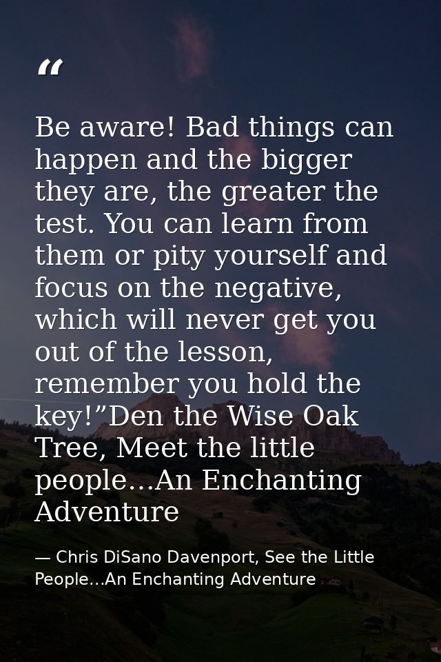 Be aware! Bad things can happen and the bigger they are, the greater the test. You can learn from them or pity yourself  — Chris DiSano Davenport, See the Little People...An Enchanting Adventure