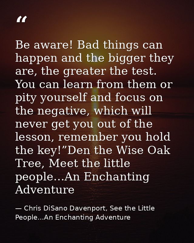 Be aware! Bad things can happen and the bigger they are, the greater the test. You can learn from them or pity yourself  — Chris DiSano Davenport, See the Little People...An Enchanting Adventure