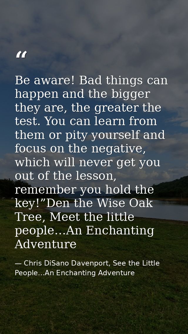 Be aware! Bad things can happen and the bigger they are, the greater the test. You can learn from them or pity yourself  — Chris DiSano Davenport, See the Little People...An Enchanting Adventure