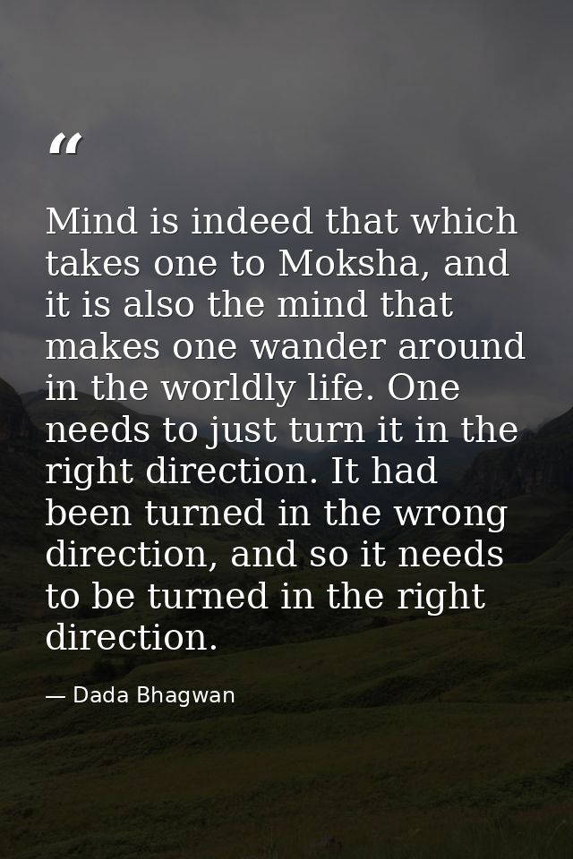 Mind is indeed that which takes one to Moksha, and it is also the mind that makes one wander around in the worldly life. — Dada Bhagwan