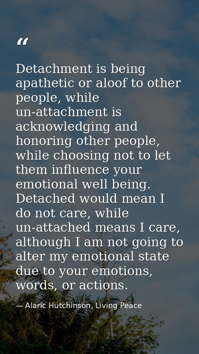 Detachment is being apathetic or aloof to other people, while un-attachment is acknowledging and honoring other people,  — Alaric Hutchinson, Living Peace