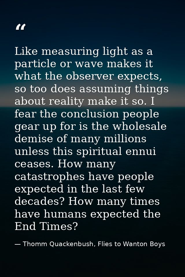 Like measuring light as a particle or wave makes it what the observer expects, so too does assuming things about reality — Thomm Quackenbush, Flies to Wanton Boys