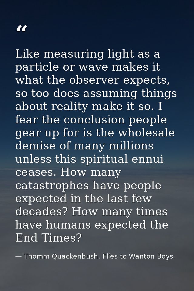 Like measuring light as a particle or wave makes it what the observer expects, so too does assuming things about reality — Thomm Quackenbush, Flies to Wanton Boys