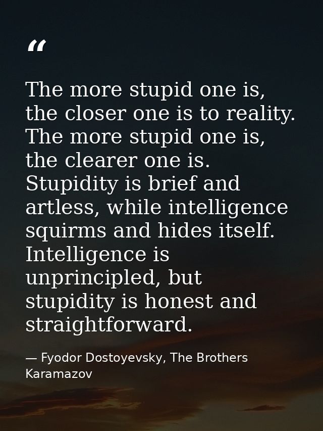 The more stupid one is, the closer one is to reality. The more stupid one is, the clearer one is. Stupidity is brief and — Fyodor Dostoyevsky, The Brothers Karamazov