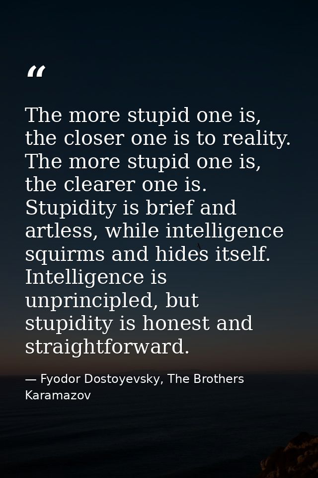 The more stupid one is, the closer one is to reality. The more stupid one is, the clearer one is. Stupidity is brief and — Fyodor Dostoyevsky, The Brothers Karamazov