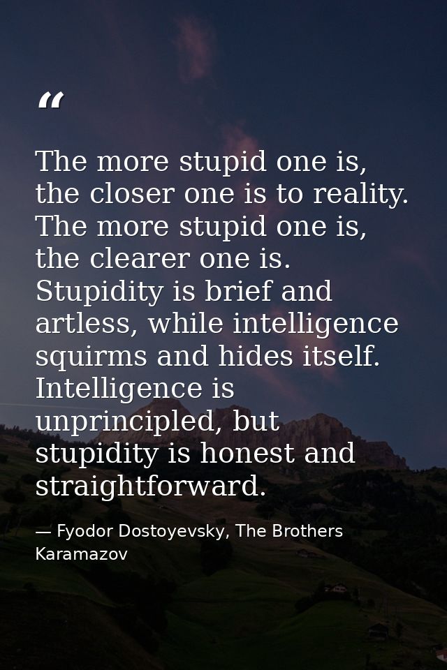 The more stupid one is, the closer one is to reality. The more stupid one is, the clearer one is. Stupidity is brief and — Fyodor Dostoyevsky, The Brothers Karamazov