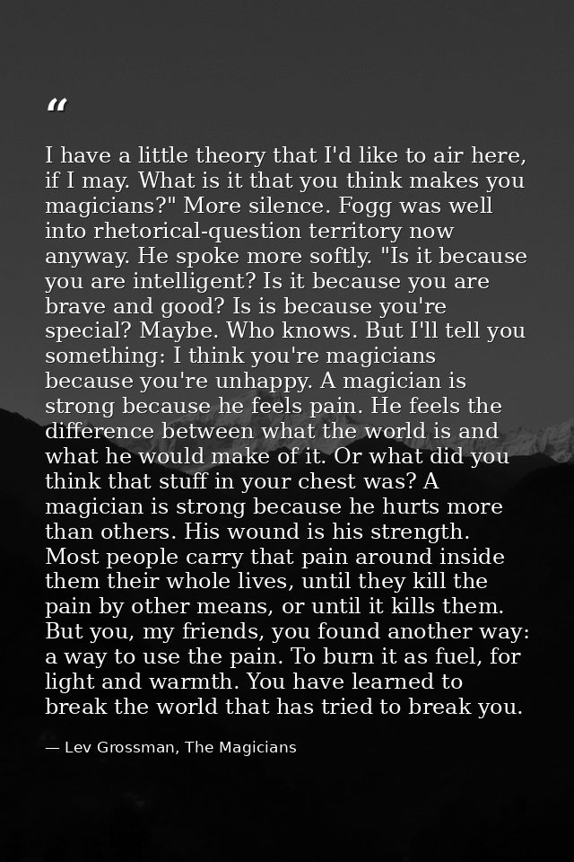 I have a little theory that I'd like to air here, if I may. What is it that you think makes you magicians?" More silence — Lev Grossman, The Magicians