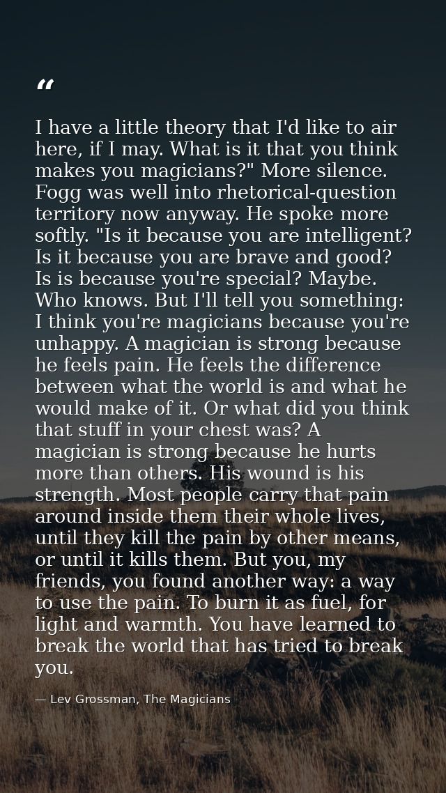 I have a little theory that I'd like to air here, if I may. What is it that you think makes you magicians?" More silence — Lev Grossman, The Magicians