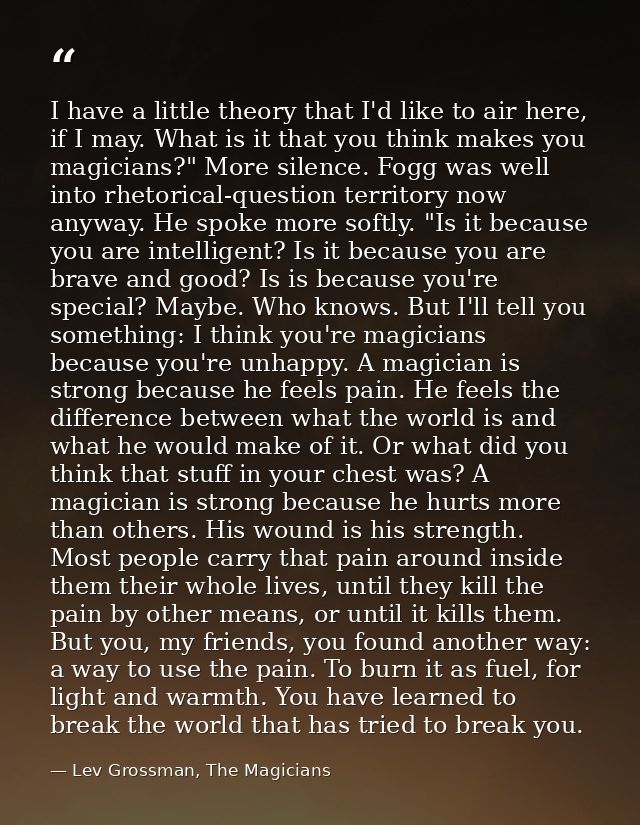 I have a little theory that I'd like to air here, if I may. What is it that you think makes you magicians?" More silence — Lev Grossman, The Magicians