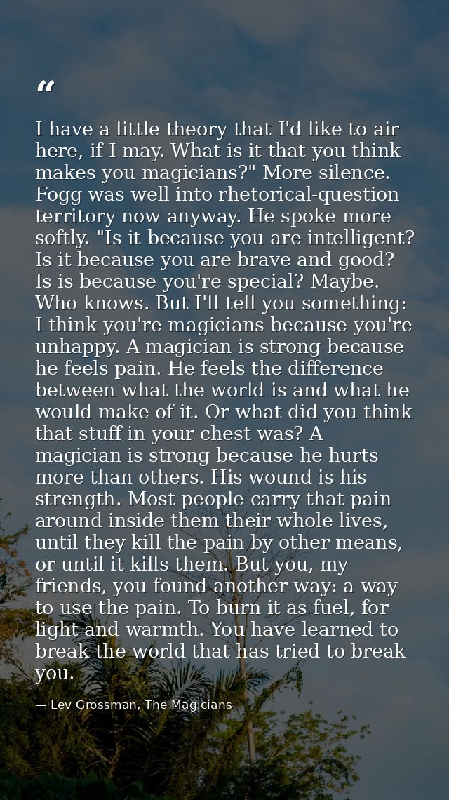 I have a little theory that I'd like to air here, if I may. What is it that you think makes you magicians?" More silence — Lev Grossman, The Magicians