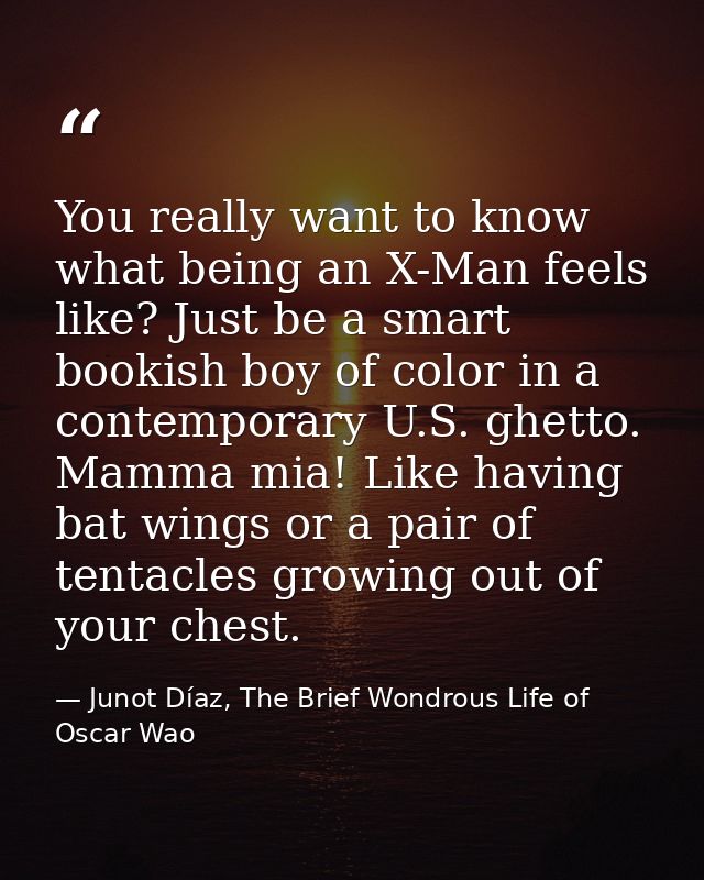 You really want to know what being an X-Man feels like? Just be a smart bookish boy of color in a contemporary U.S. ghet — Junot Díaz, The Brief Wondrous Life of Oscar Wao