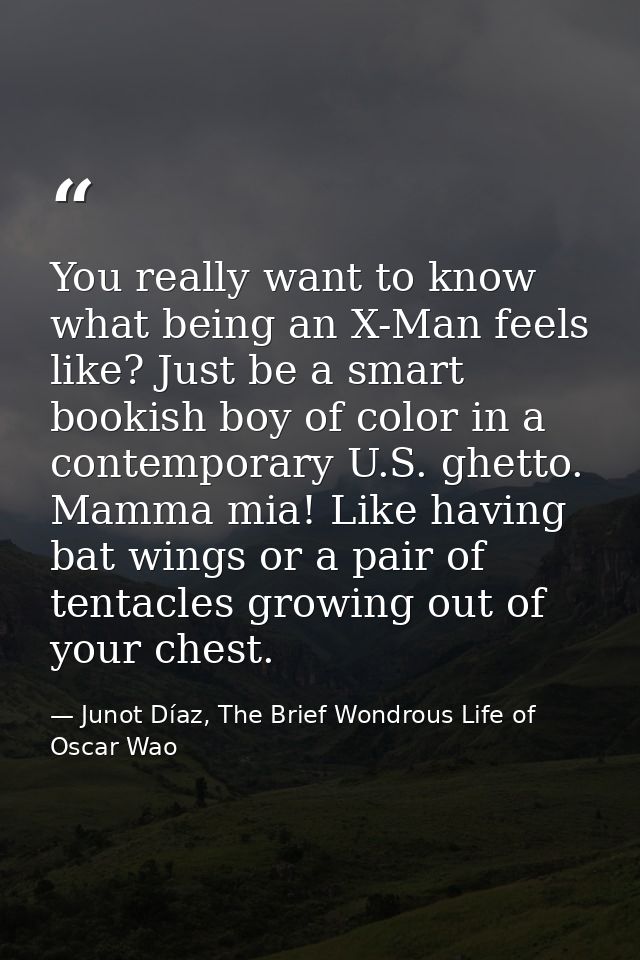 You really want to know what being an X-Man feels like? Just be a smart bookish boy of color in a contemporary U.S. ghet — Junot Díaz, The Brief Wondrous Life of Oscar Wao