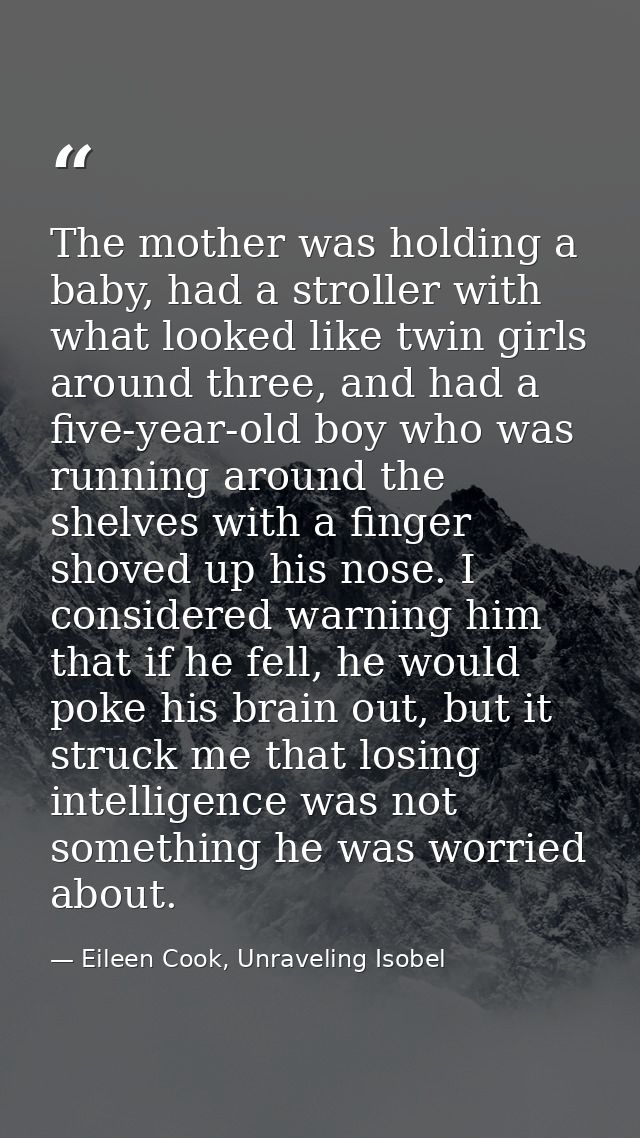 The mother was holding a baby, had a stroller with what looked like twin girls around three, and had a five-year-old boy — Eileen Cook, Unraveling Isobel