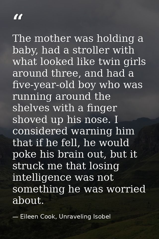 The mother was holding a baby, had a stroller with what looked like twin girls around three, and had a five-year-old boy — Eileen Cook, Unraveling Isobel