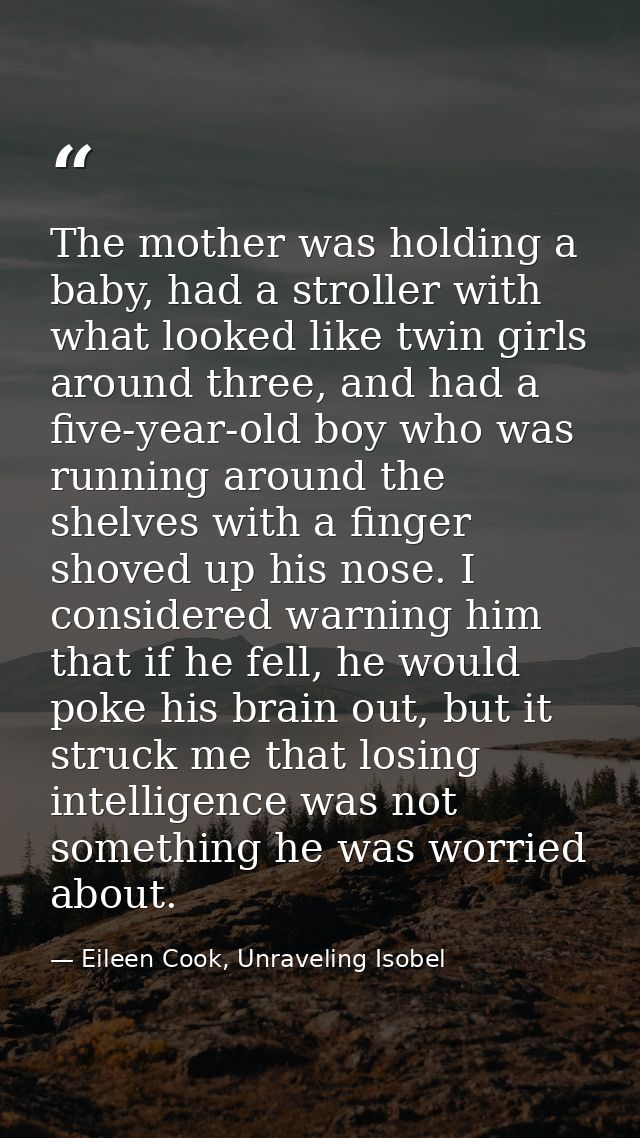 The mother was holding a baby, had a stroller with what looked like twin girls around three, and had a five-year-old boy — Eileen Cook, Unraveling Isobel