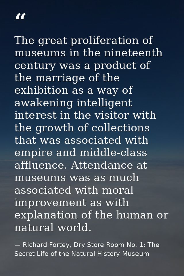 The great proliferation of museums in the nineteenth century was a product of the marriage of the exhibition as a way of — Richard Fortey, Dry Store Room No. 1: The Secret Life of the Natural History Museum