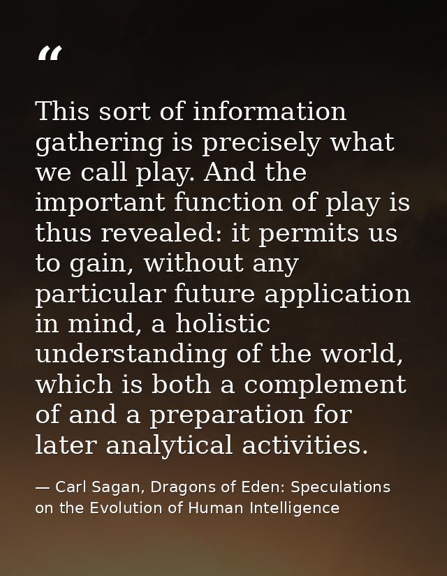 This sort of information gathering is precisely what we call play. And the important function of play is thus revealed:  — Carl Sagan, Dragons of Eden: Speculations on the Evolution of Human Intelligence