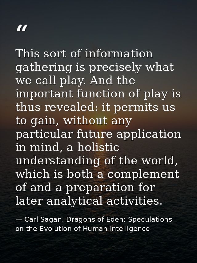 This sort of information gathering is precisely what we call play. And the important function of play is thus revealed:  — Carl Sagan, Dragons of Eden: Speculations on the Evolution of Human Intelligence