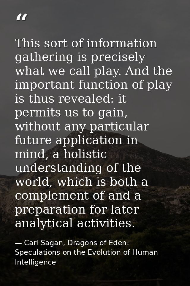 This sort of information gathering is precisely what we call play. And the important function of play is thus revealed:  — Carl Sagan, Dragons of Eden: Speculations on the Evolution of Human Intelligence