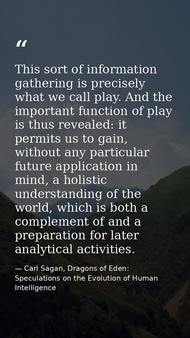 This sort of information gathering is precisely what we call play. And the important function of play is thus revealed:  — Carl Sagan, Dragons of Eden: Speculations on the Evolution of Human Intelligence