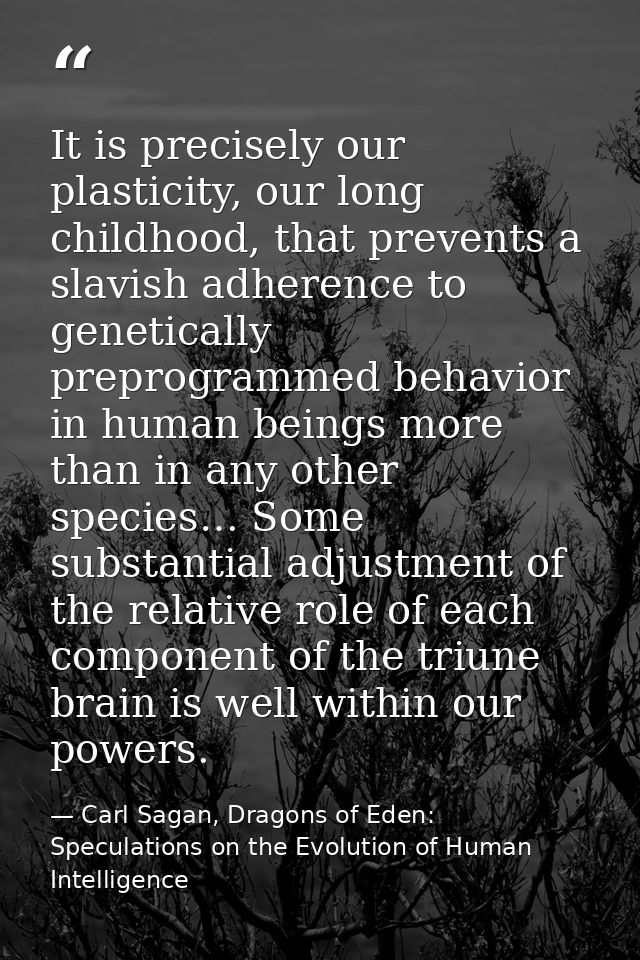 It is precisely our plasticity, our long childhood, that prevents a slavish adherence to genetically preprogrammed behav — Carl Sagan, Dragons of Eden: Speculations on the Evolution of Human Intelligence