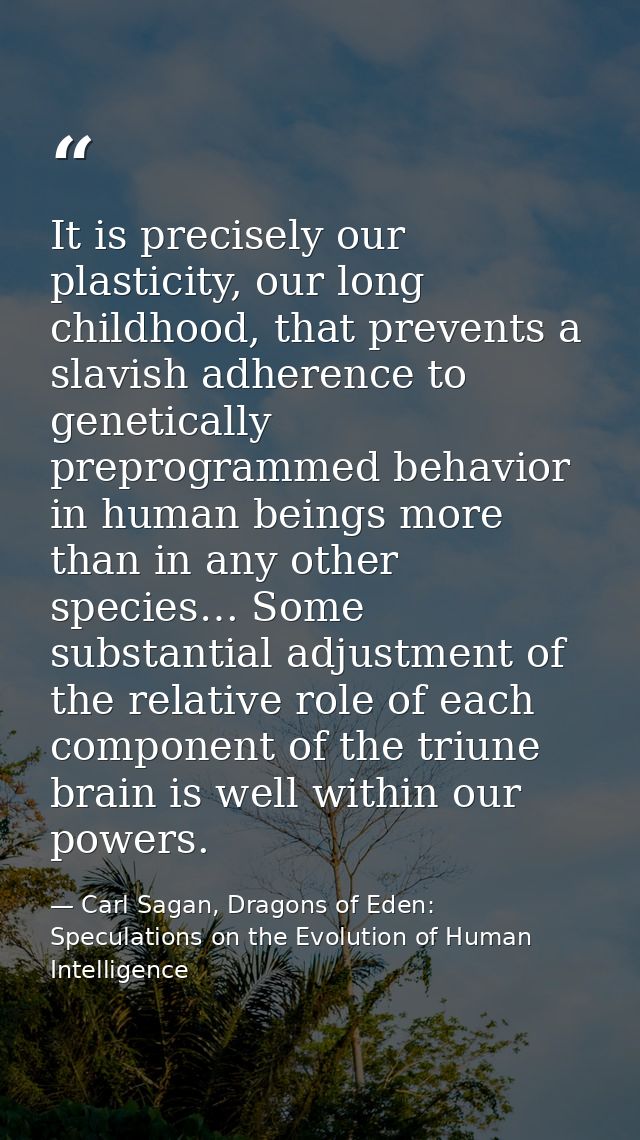 It is precisely our plasticity, our long childhood, that prevents a slavish adherence to genetically preprogrammed behav — Carl Sagan, Dragons of Eden: Speculations on the Evolution of Human Intelligence