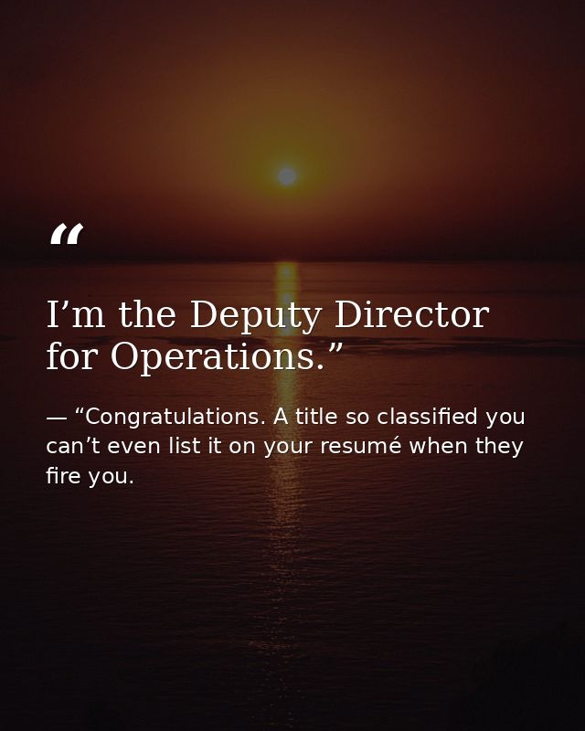 I’m the Deputy Director for Operations.” — “Congratulations. A title so classified you can’t even list it on your resumé when they fire you.