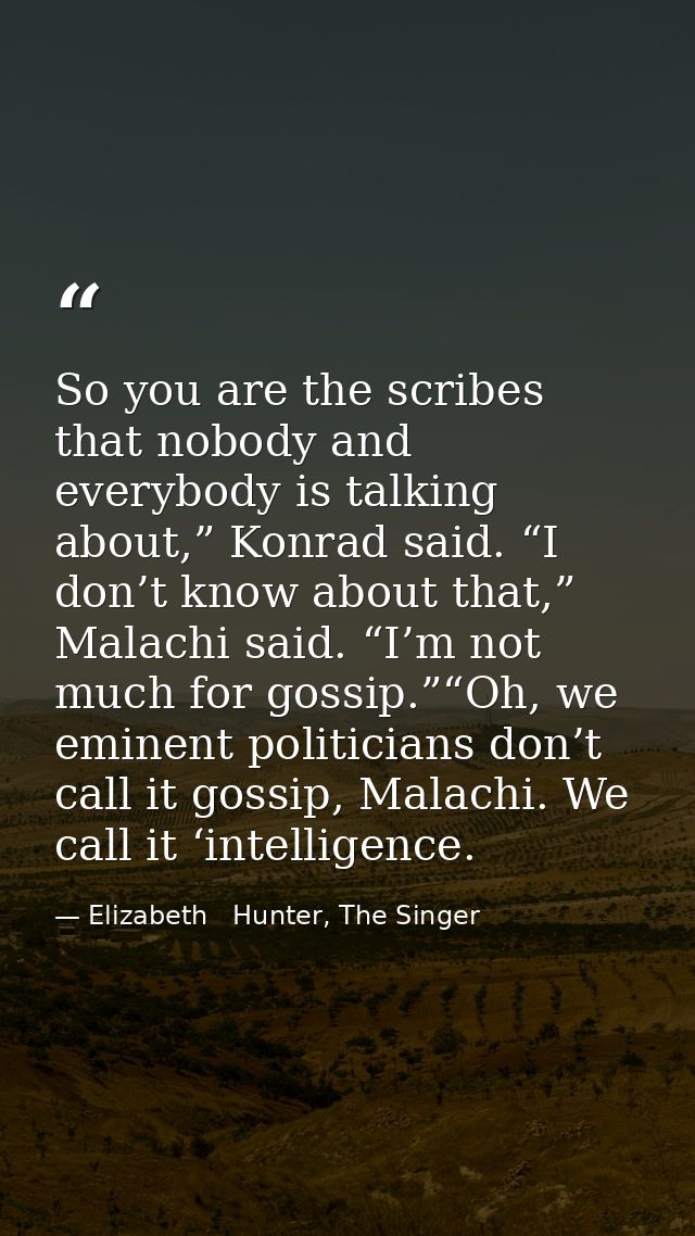 So you are the scribes that nobody and everybody is talking about,” Konrad said. “I don’t know about that,” Malachi said — Elizabeth   Hunter, The Singer